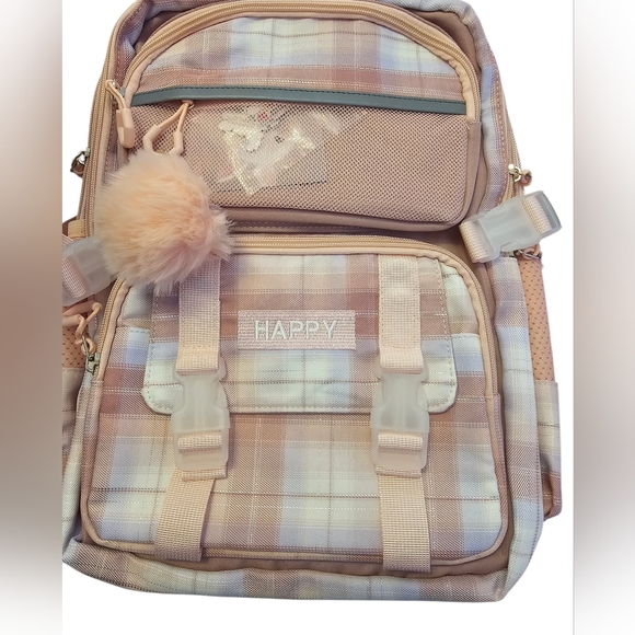 Handbags - Plaid Backpack with Pom Pom